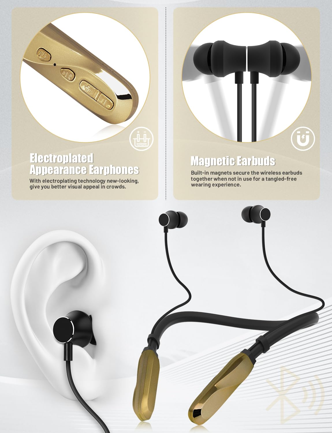 120H Playtime Wireless Bluetooth Neckband Headphones with Mic, IPX5 Waterproof Stereo Earbuds for Sports, Workout, Office & Travel - Comfortable Over-The-Neck Design (Gold) | Perfect for Running, Gym, Commuting & Remote Work