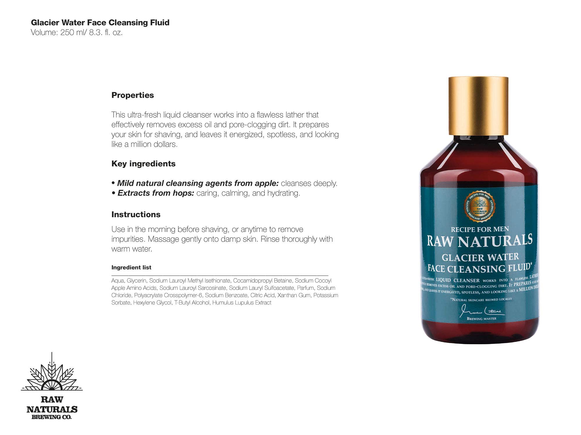 Raw Naturals GLACIER WATER Face Cleansing Fluid - Natural Men's Face Wash for Deep & Gentle Cleansing | 250ml | Swedish Skincare | Perfect for Daily Face Care & Travel