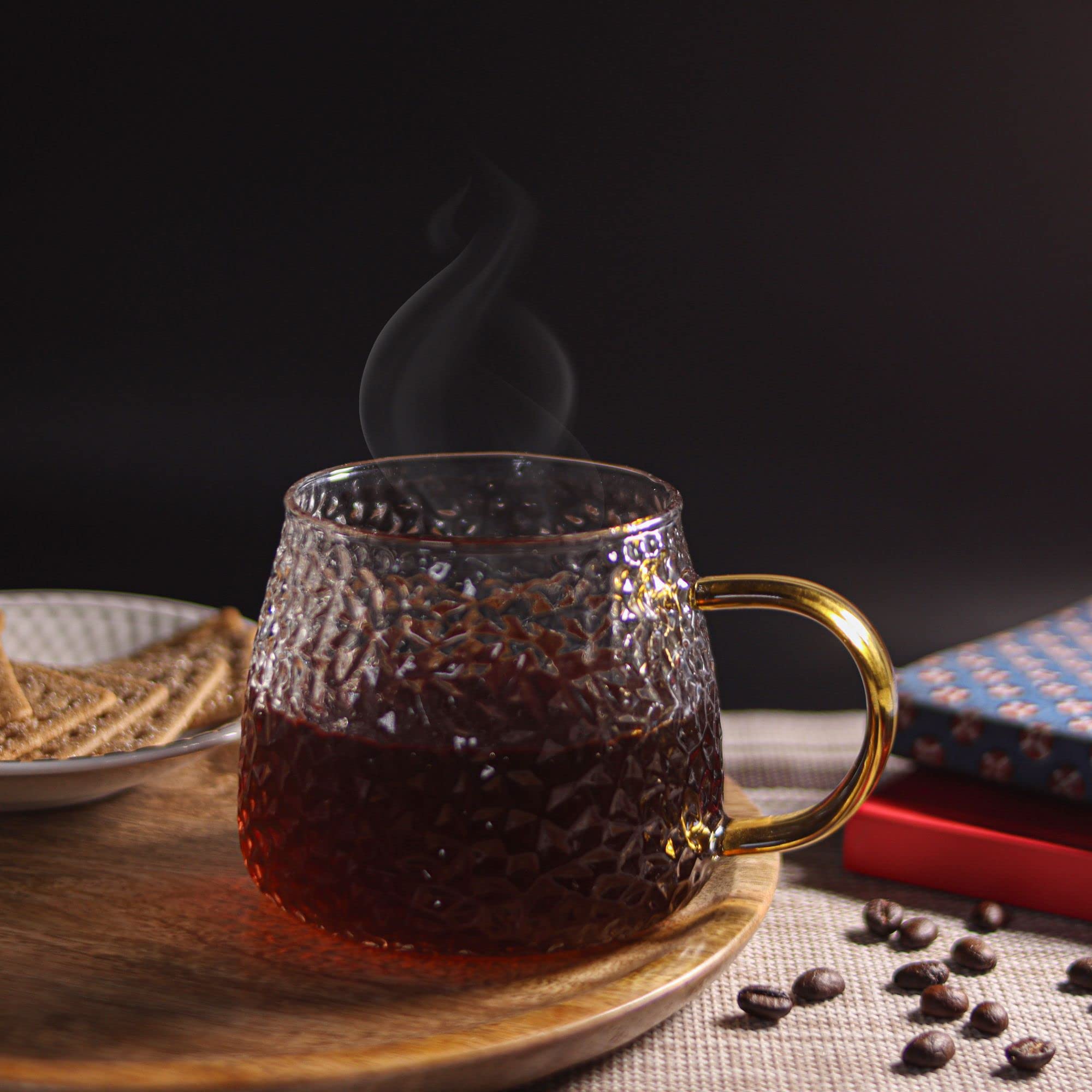 Premium Handcrafted Borosilicate Glass Coffee Cup with Hammered Finish - 400ml (13.5oz) - Durable & Heat-Resistant for Hot & Cold Beverages - Perfect for Home, Office, or Cafe Use