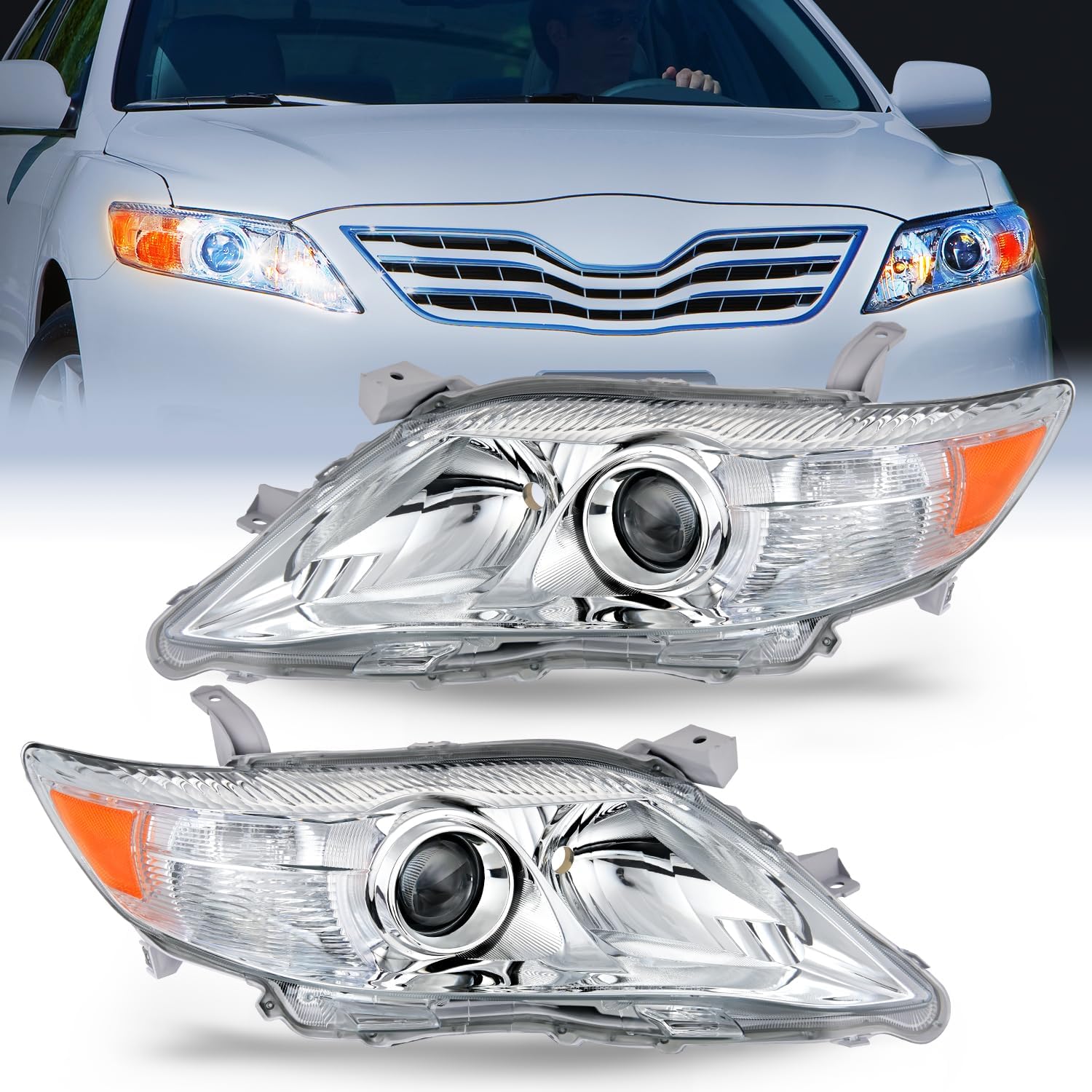 2010-2011 Toyota Camry Headlight Assembly - Chrome Housing with Amber Reflector & Upgraded Clear Lens - Replacement for Dim/Broken Lights - Improved Night Driving Visibility