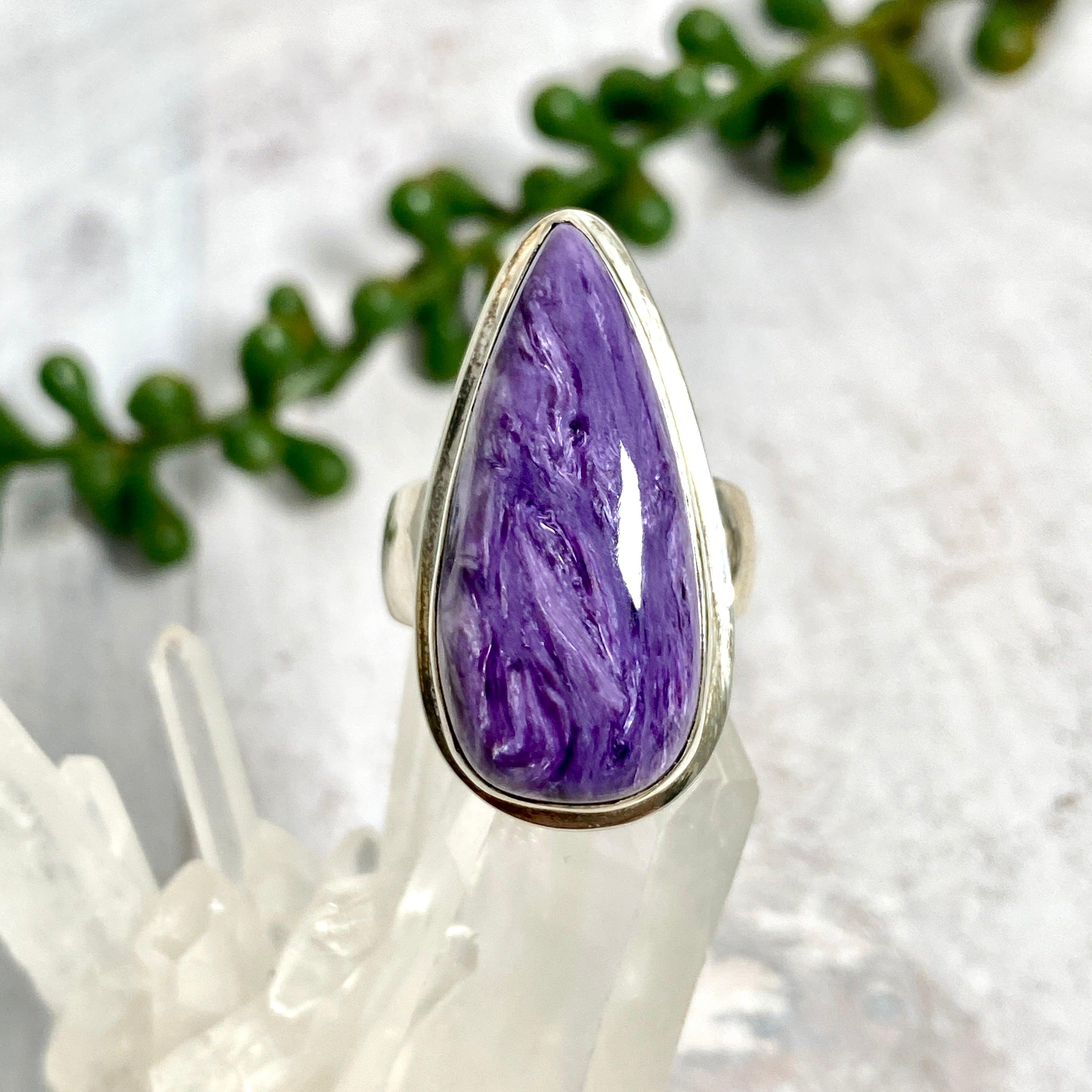 Charoite Teardrop Ring - Size 7 - KRGJ2077 - Elegant Purple Gemstone Jewelry for Women - Perfect for Weddings, Parties & Special Occasions