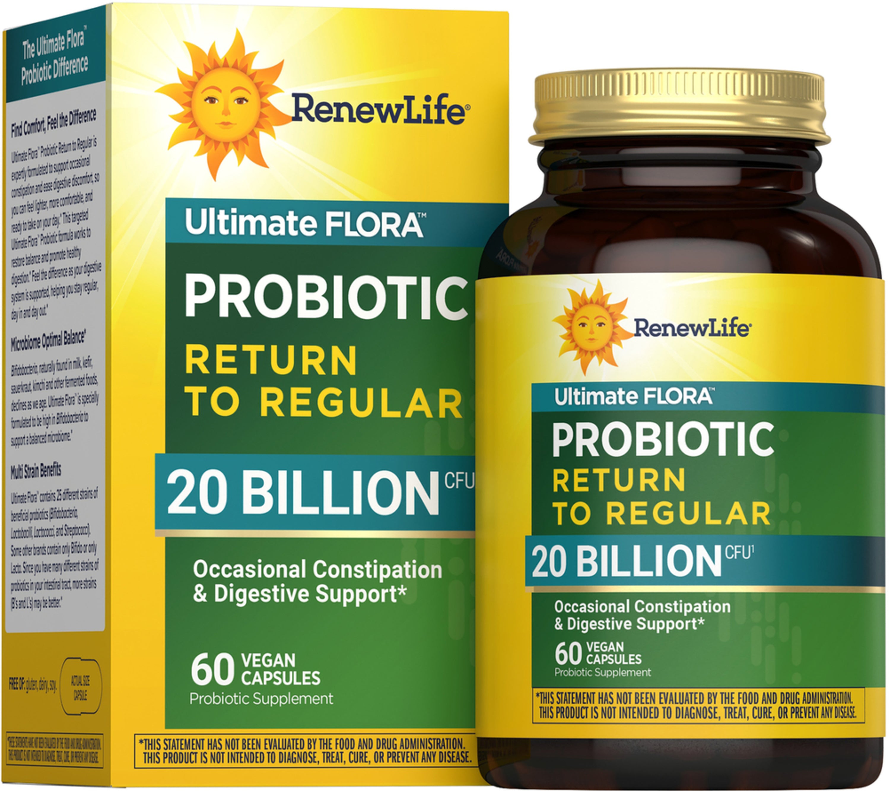 Ultimate Flora Return to Regular Probiotic 20 Billion CFU - 60 Vegan Capsules for Digestive Health & Gut Balance - Supports Daily Wellness & Immune System