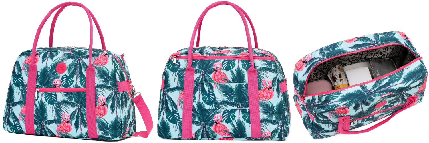 Tosca TCA935 Stylish Flamingo Print Tote & Duffle Bag for Women - Perfect for Travel, Gym, and Everyday Use