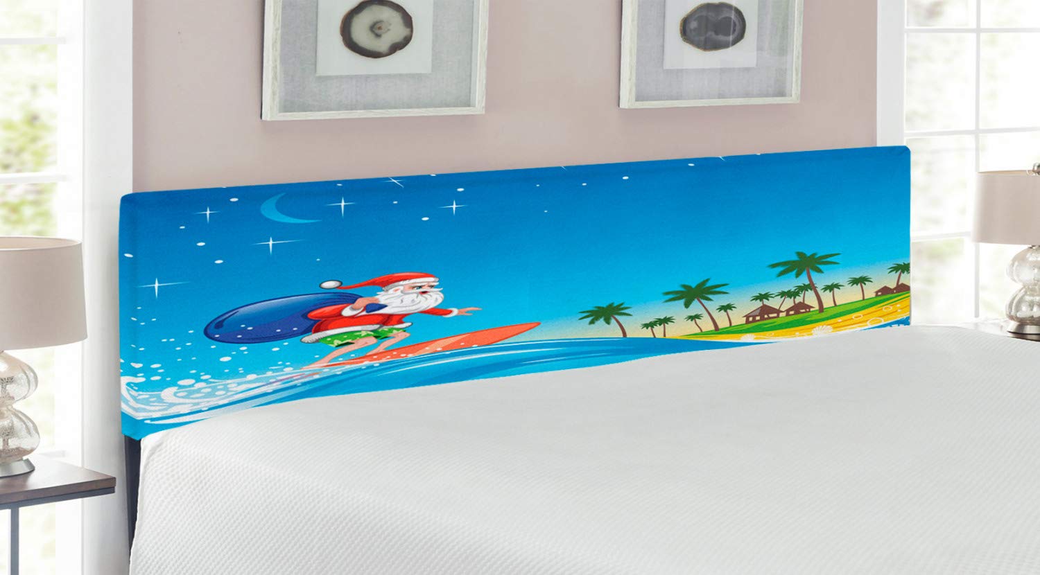 Ambesonne Christmas Headboard - Surfing Santa on Wave with Sack at Tropical Beach Night Fantasy Cartoon - Upholstered Decorative Metal Bed Frame with Memory Foam - King Size Multicolor - Perfect for Holiday Bedroom Decor & Coastal Themed Guest Rooms