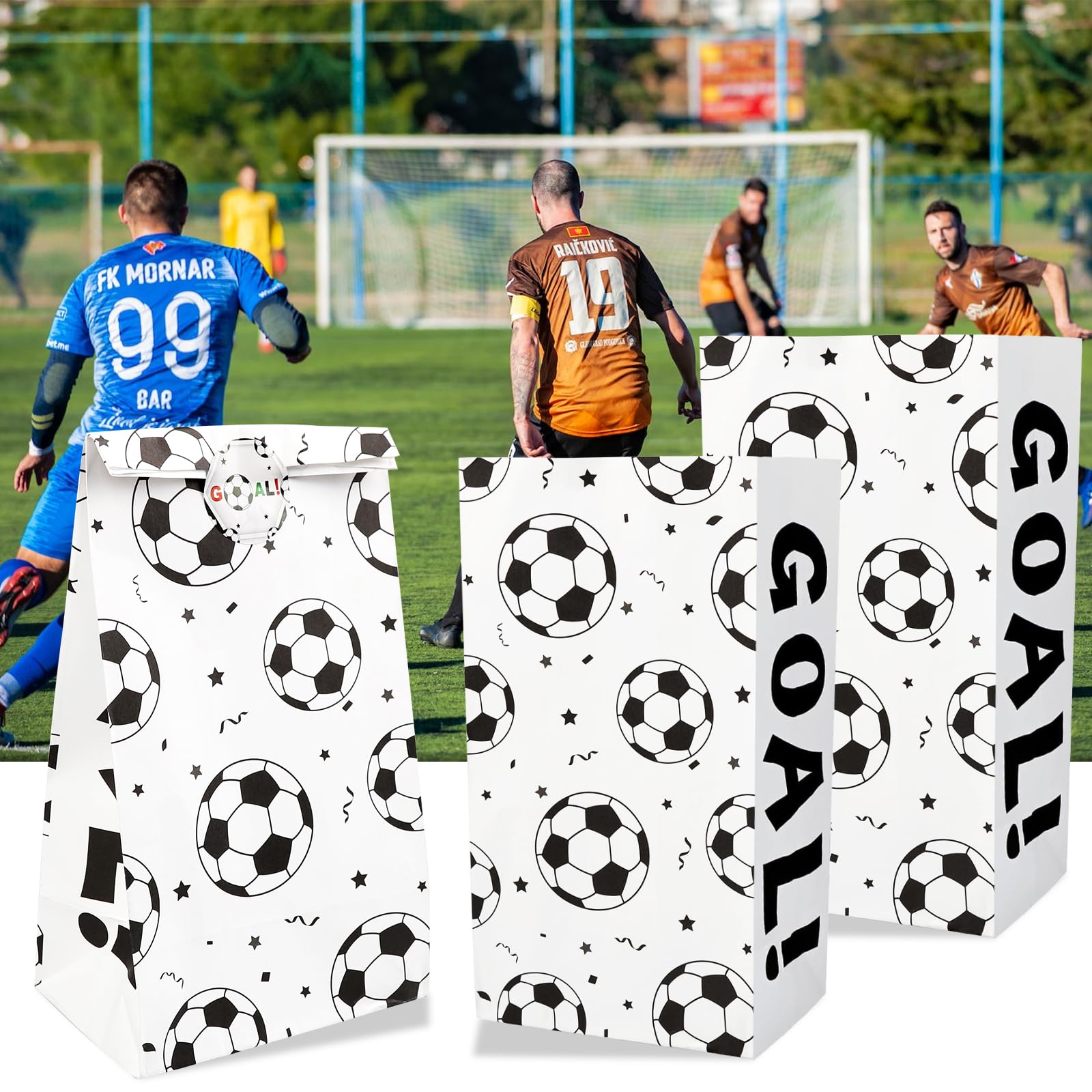 BLMHTWO 12 Pack Soccer Themed Paper Snack Bags with Stickers - Perfect for Kids Birthday Parties, Team Treats & Soccer Game Snacks | Party Favors & Gift Bags for Sports Events