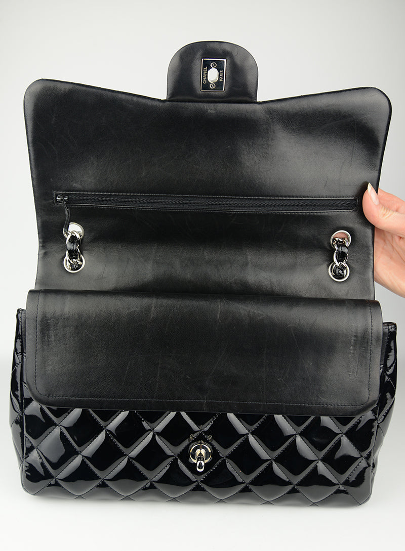 Chanel Jumbo Flap Bag in Black Vernis Leather - Luxury Designer Handbag for Women, Perfect for Parties, Work & Everyday Use