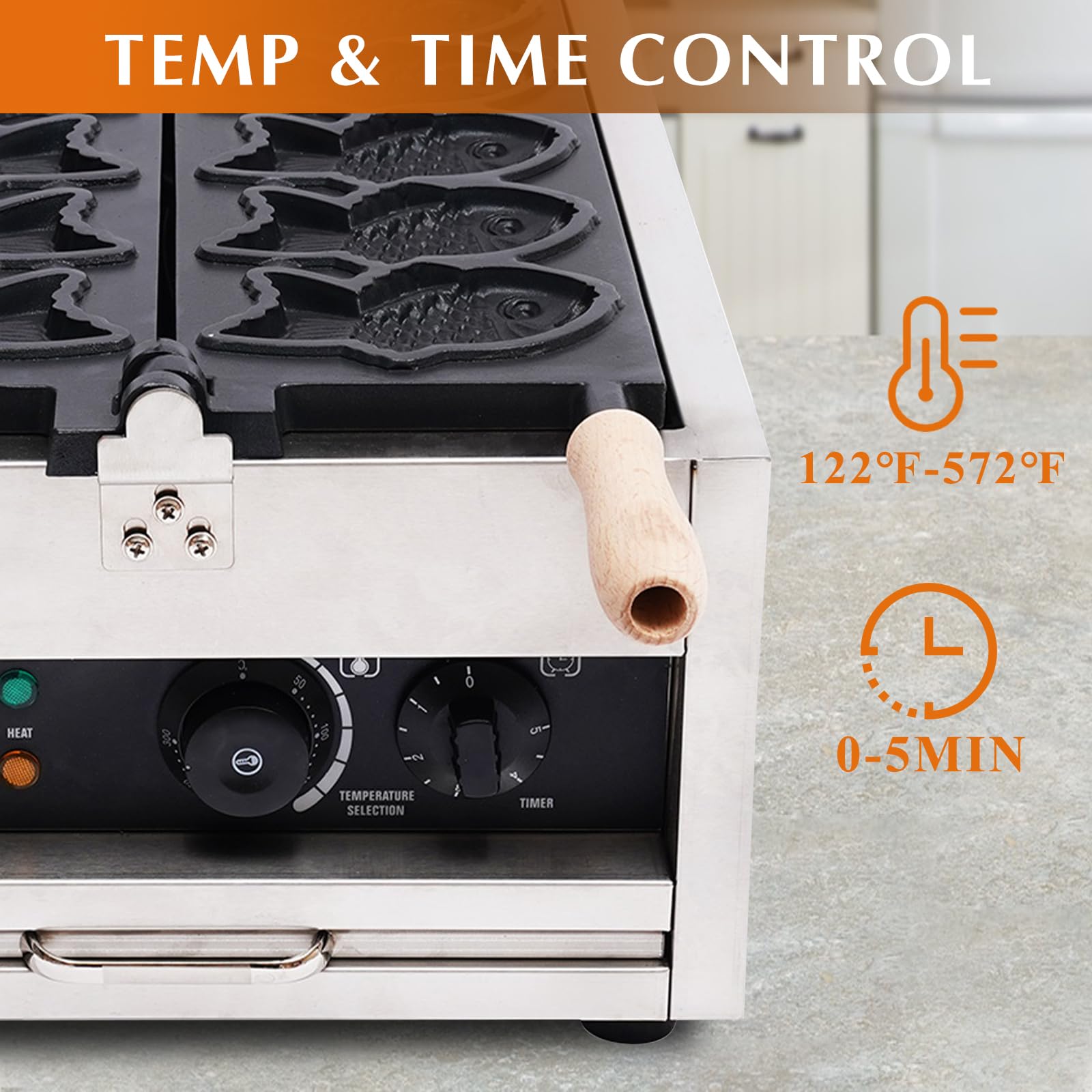 DYRABREST Commercial Electric Taiyaki Fish Waffle Maker Machine - 6 Non-Stick Stainless Steel Plates for Perfect Fish-Shaped Waffles - Ideal for Restaurants, Cafes, Snack Shops & Food Stalls - Make Delicious Street Food & Desserts at Home or Business