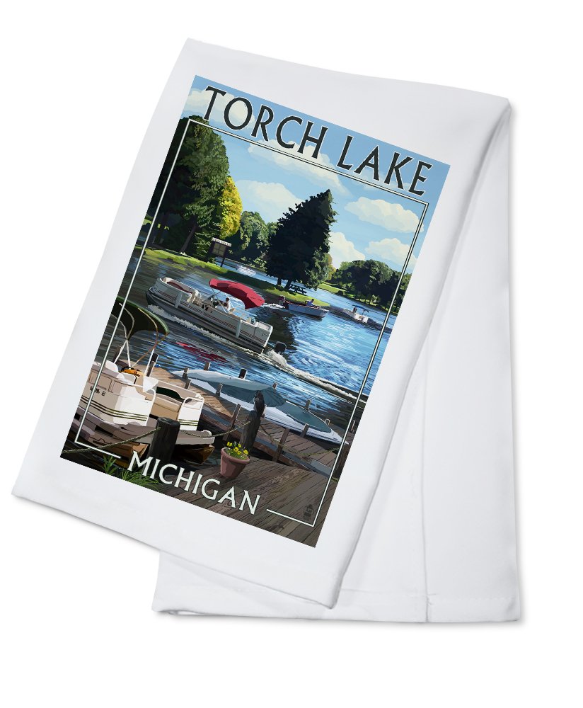 Torch Lake Michigan Pontoon Boats 100% Cotton Tea Towel - Decorative Hand Towel for Kitchen, Home Decor & Gift - Perfect for Lakeside Cabins, Cottage Decor & Boat Enthusiasts