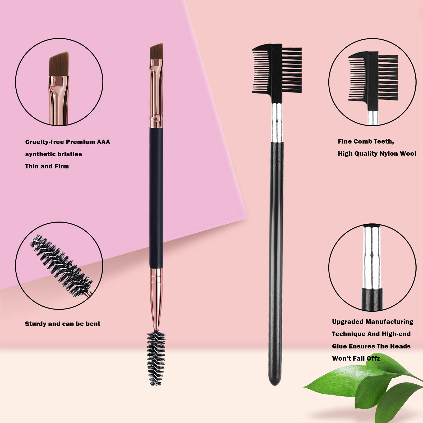 Professional Duo Eyebrow Brush Set - Angled Eyebrow Brush & Spoolie Comb for Perfect Brows - Black Eyebrow Makeup Tools for Salon & Home Use