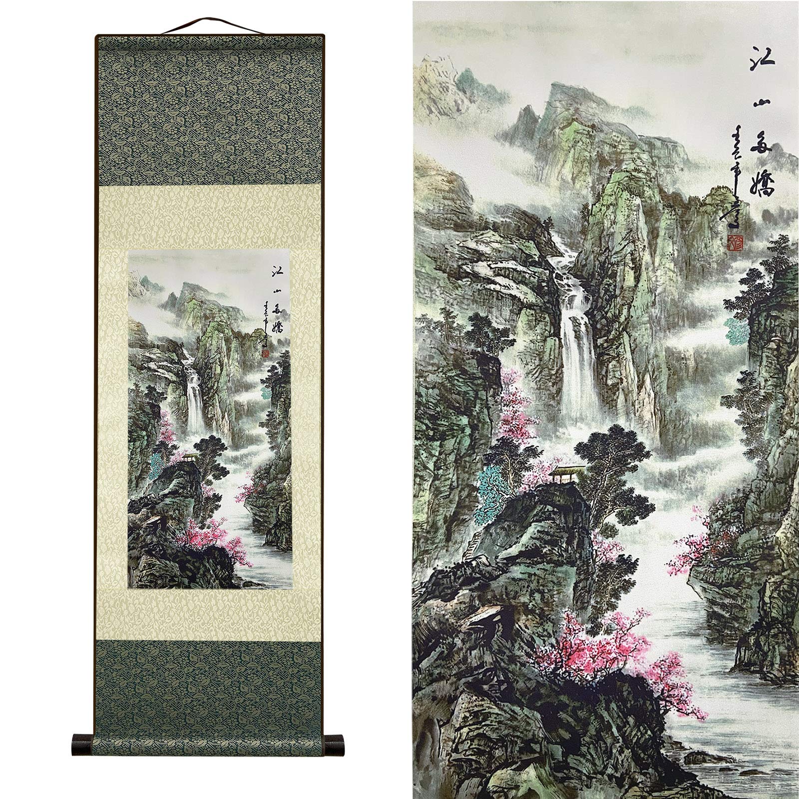 FOVNOT Chinese Landscape Silk Scroll Painting - Asian Home Decor, Vertical Wall Art for Living Room & Bedroom | Traditional Oriental Hanging Decor for Zen Meditation & Cultural Ambiance