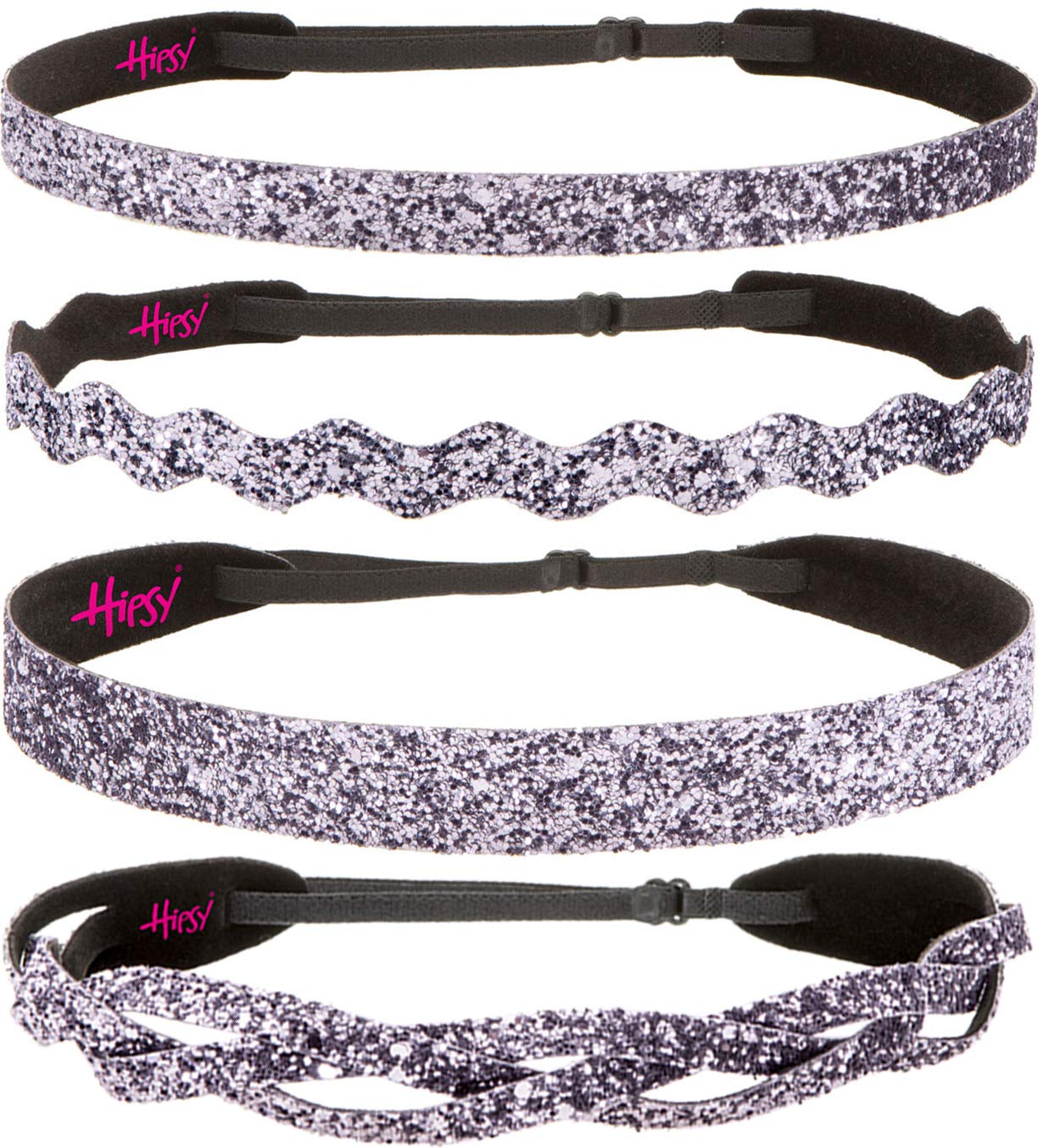 Sparkly Bling Adjustable No-Slip Headbands for Women, Girls & Teens - 4 Pack Mixed Glitter & Gunmetal | PETITE Size | Perfect for School, Sports, Parties & Everyday Wear
