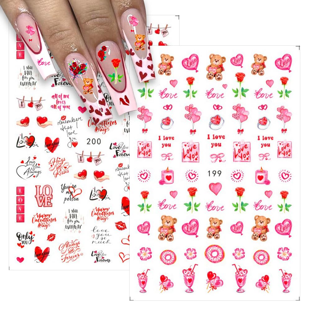 Valentine's Day Nail Stickers - 6 Sheets 3D Self-Adhesive Heart & Rose Nail Art Decals for Women | Romantic Red Lips & Love Designs | Perfect for Valentine's Nail Art, Date Nights & Special Occasions