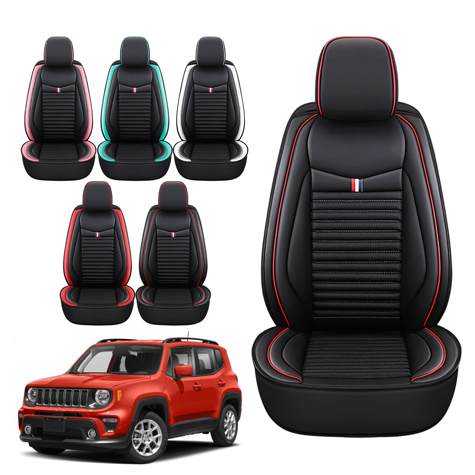 Premium Leather Car Seat Covers for Jeep Renegade 2015-2023 - Universal Anti-Slip Design Fits Most Cars, Sedans, SUVs & Trucks (Black Red Bars) - Perfect for Road Trips, Daily Commutes & Off-Road Adventures