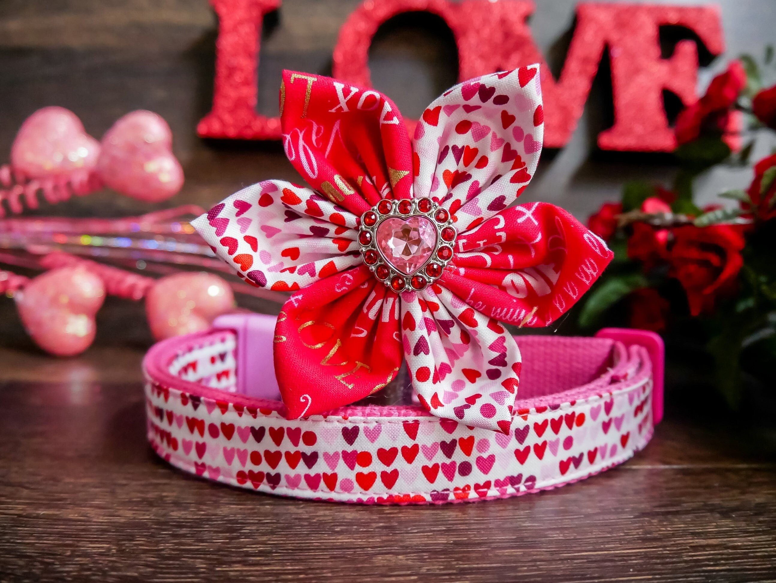 Valentine's Day Dog Collar with Bow Tie & Hearts - Stylish Pet Accessory for Valentine's Gifts, Date Night & Photo Shoots