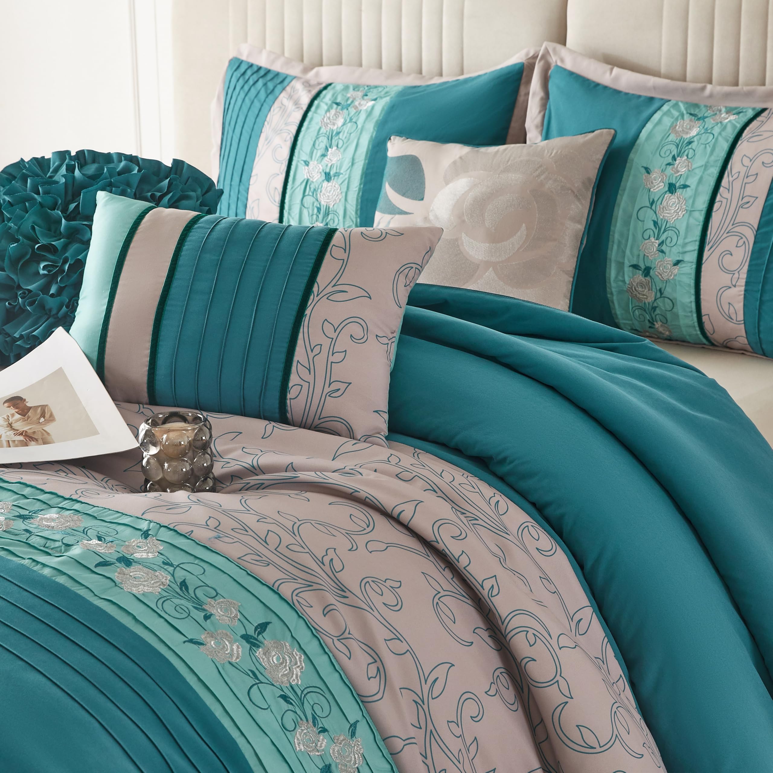 Grand Avenue Teal and Grey 7-Piece Queen Comforter Set with Pillow Shams & Bedskirt | Floral Bedding Collection for Home Decor | Perfect for Master Bedroom, Guest Room & Cozy Retreats