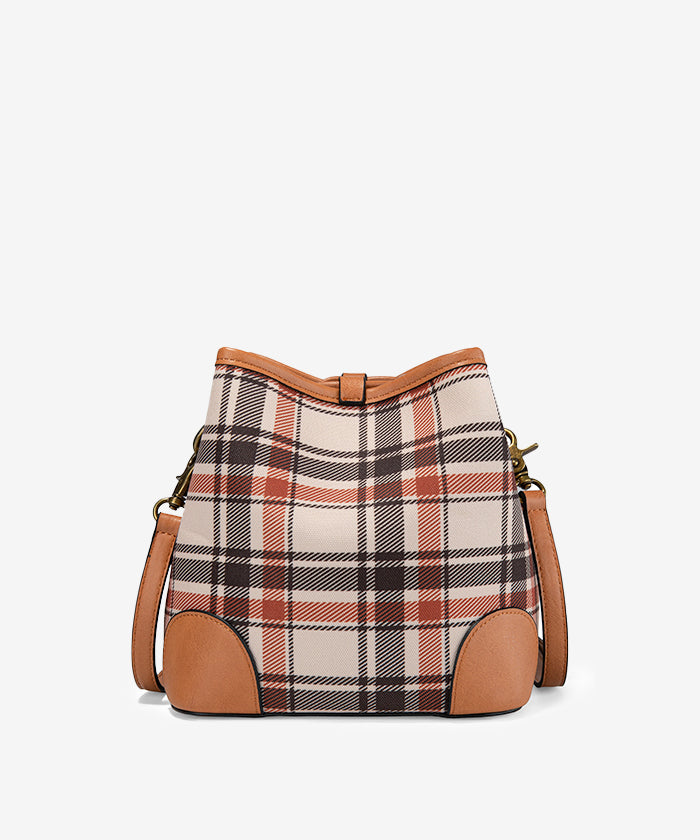 LEE Plaid Canvas Drawstring Bucket Crossbody Bag for Women - Stylish & Versatile Shoulder Purse - Perfect for Travel, Shopping & Everyday Use