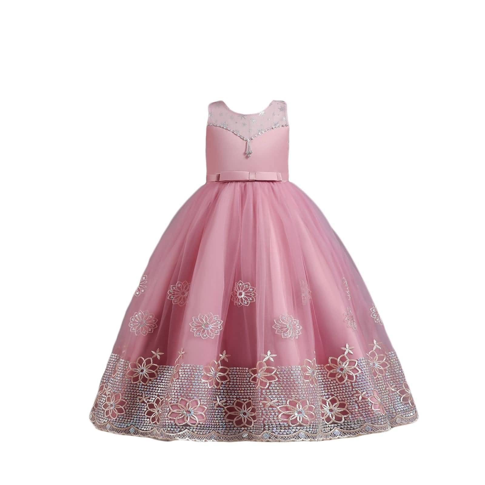 Aokarry Girls Pink Embroidered Tulle Dress with Floral Design & Tie Waist - Sleeveless Long Party Dress for Birthday, Wedding, Pageant & Special Occasions