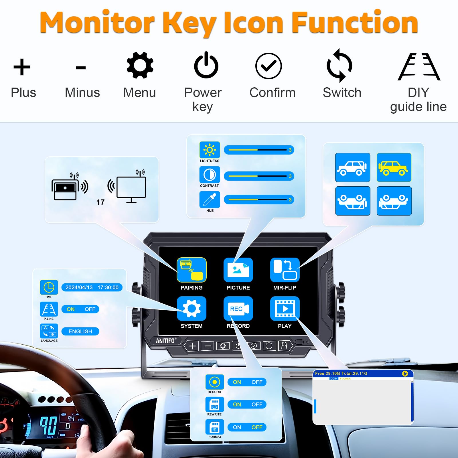 AMTIFO A9 Wireless RV Backup Camera System - 7 Inch Solar Reverse Camera with 2 Magnetic Shockproof Cameras & Iron Brackets for Trailer Trucks | Stable Signal Recording | Easy Install-Free Setup for Safe Parking & Reversing