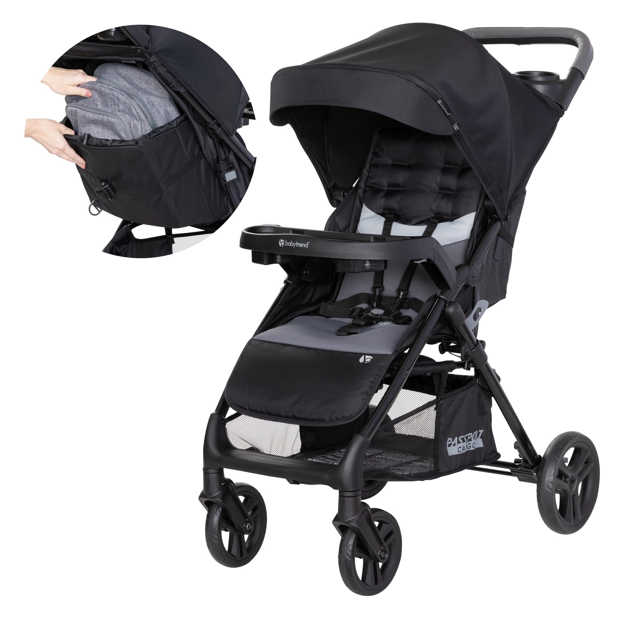 Baby Trend Passport® Cargo Stroller - Lightweight Travel Stroller with Large Storage Basket, Adjustable Canopy & One-Hand Fold, Fieldstone Grey - Perfect for Shopping, Travel & Everyday Use