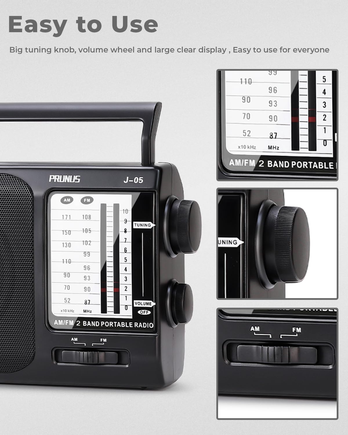 PRUNUS J-05 Portable AM/FM Radio with Strong Reception - Battery Operated (3 D Cell) or AC Power - Compact Transistor Radio for Home, Office, Emergency & Outdoor Use - Black