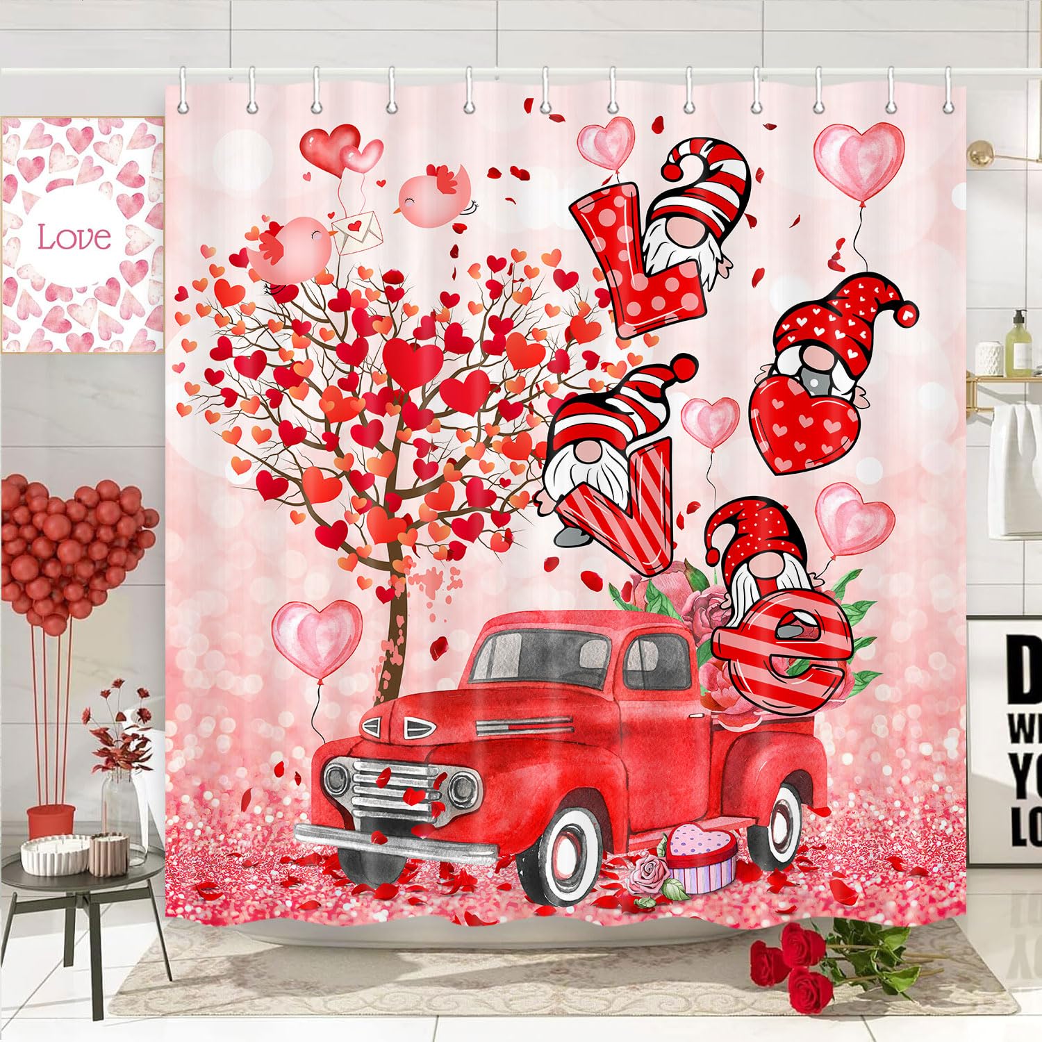 Valentine's Day Gnome Shower Curtain - Cute Holiday Bathroom Decor for Couples & Romantic Gifts - Perfect for Valentine's, Anniversaries & Bridal Showers