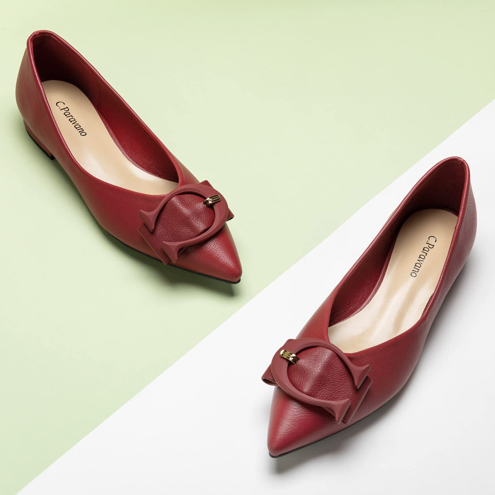 C.Paravano Women's Ballet Flats - Pointed Toe Leather Flats for Women (Size 10.5, Red, Grain) | Comfortable & Stylish Shoes for Work, Office, and Casual Wear