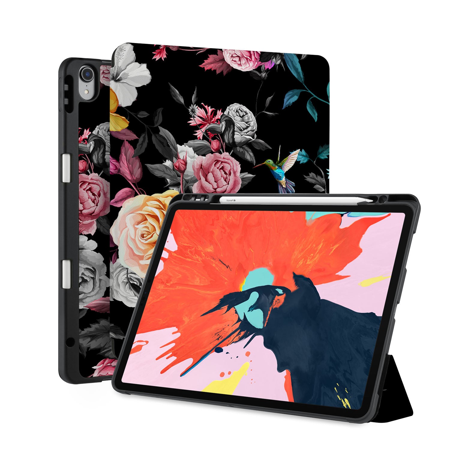 Premium iPad Trifold Case with Black Floral Design - Slim Protective Cover for iPad Air/Pro, Perfect for Work, Travel & Daily Use