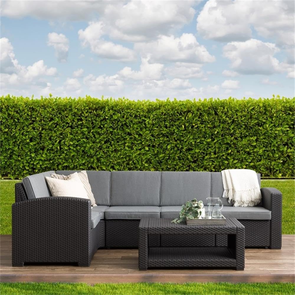 Premium Black Wicker Rattan 6-Piece Patio Sectional Set with Gray Cushions - Outdoor Furniture for Lakefront, Garden, Backyard & Poolside Relaxation