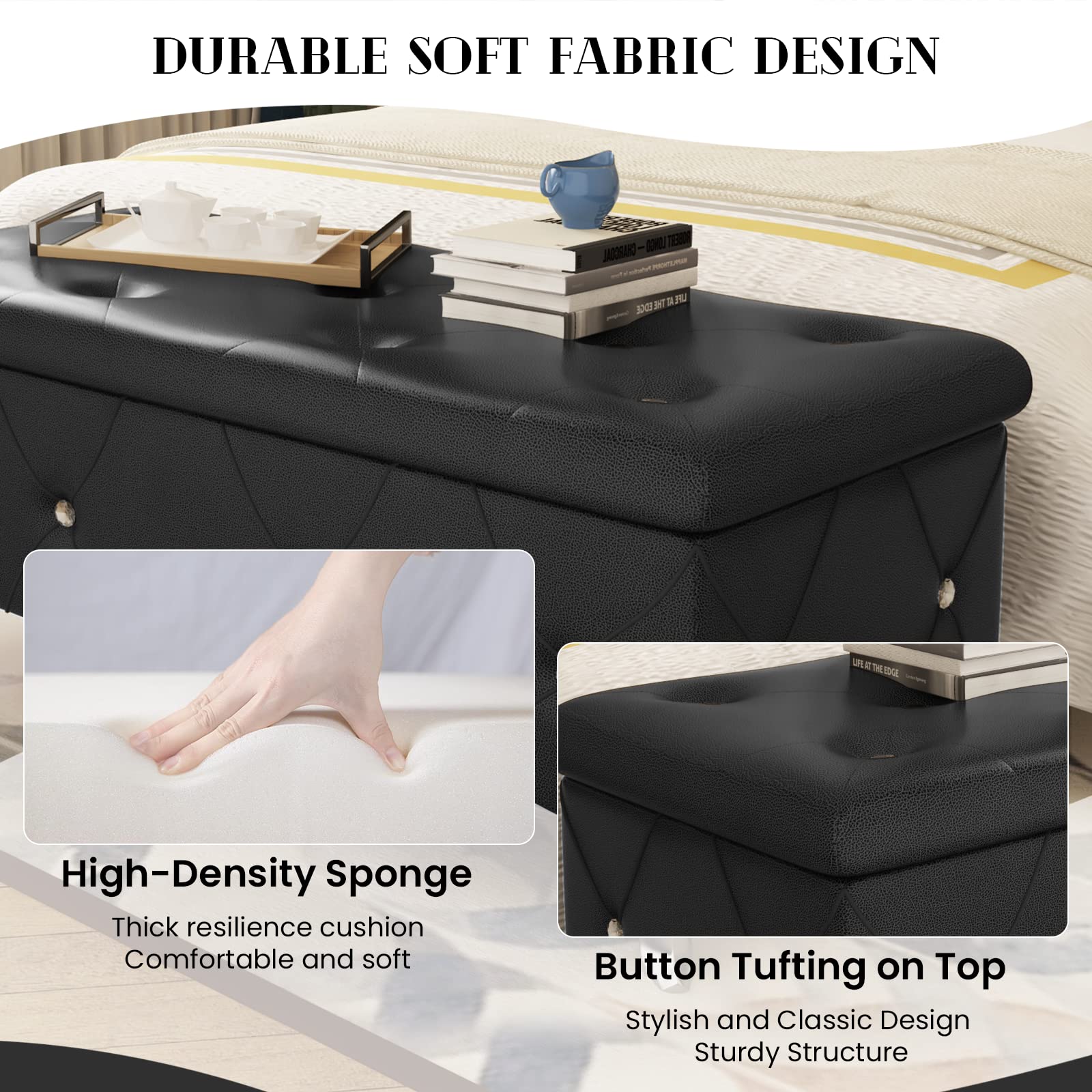 PU Leather Storage Ottoman Bench with Button Tufted Design, 37.4