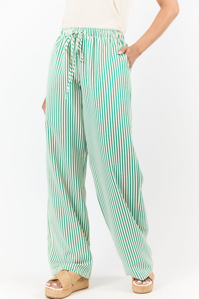 Shoreline Serenity Green Textured Stripe Pull On Pants for Women - Comfortable Elastic Waist Lounge Pants - Perfect for Yoga, Travel & Relaxing at Home