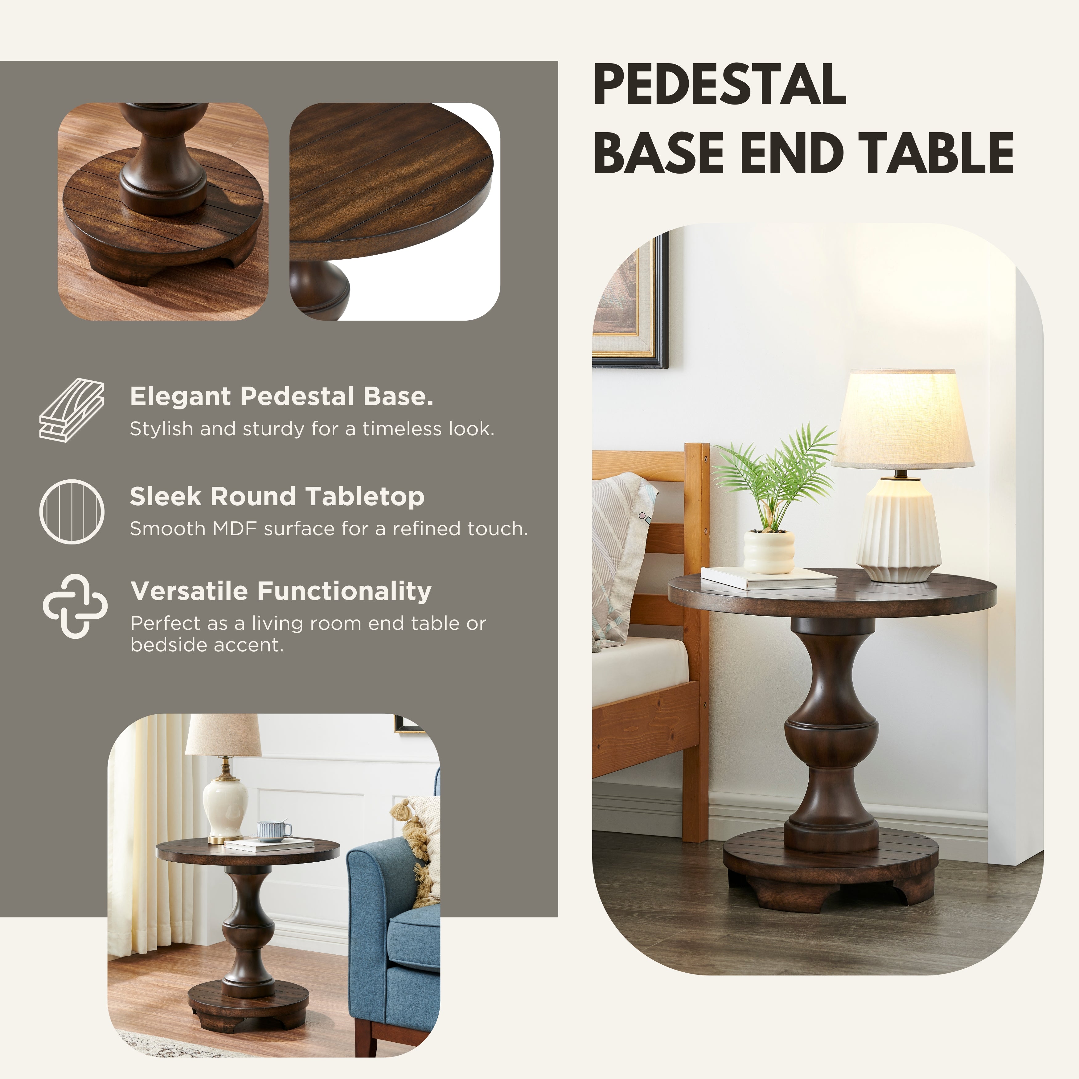 Roundhill Furniture Caesar Traditional Round Pedestal End Table - Classic Wood Side Table for Living Room, Bedroom & Office - Perfect for Coffee, Lamps & Decor