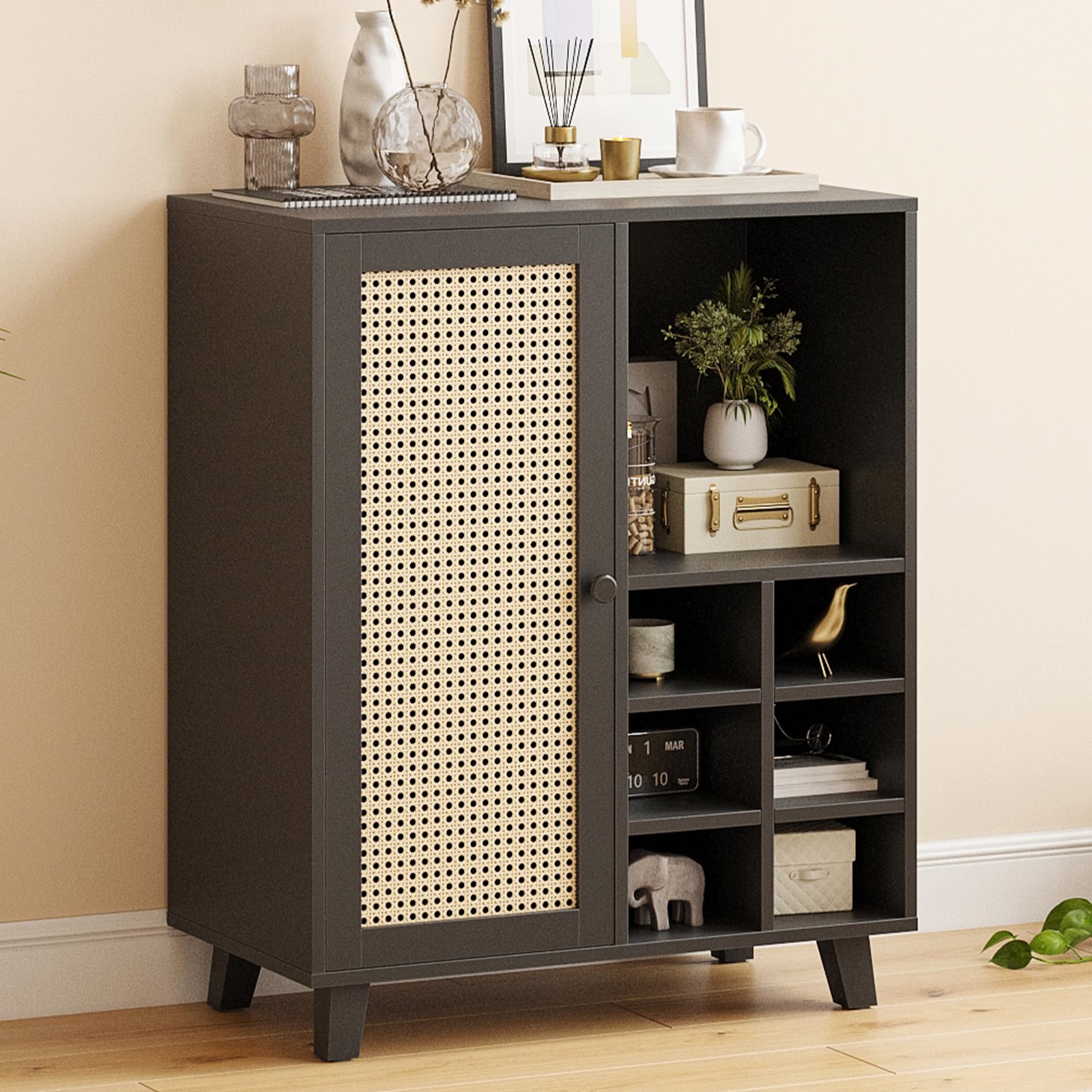 Farini 47 Inch Sideboard Cabinet with Storage & Wine Racks - Modern Wine Bar Buffet Cabinet for Living Room, Kitchen, Dining Room - Black | Perfect for Home Entertaining & Wine Storage