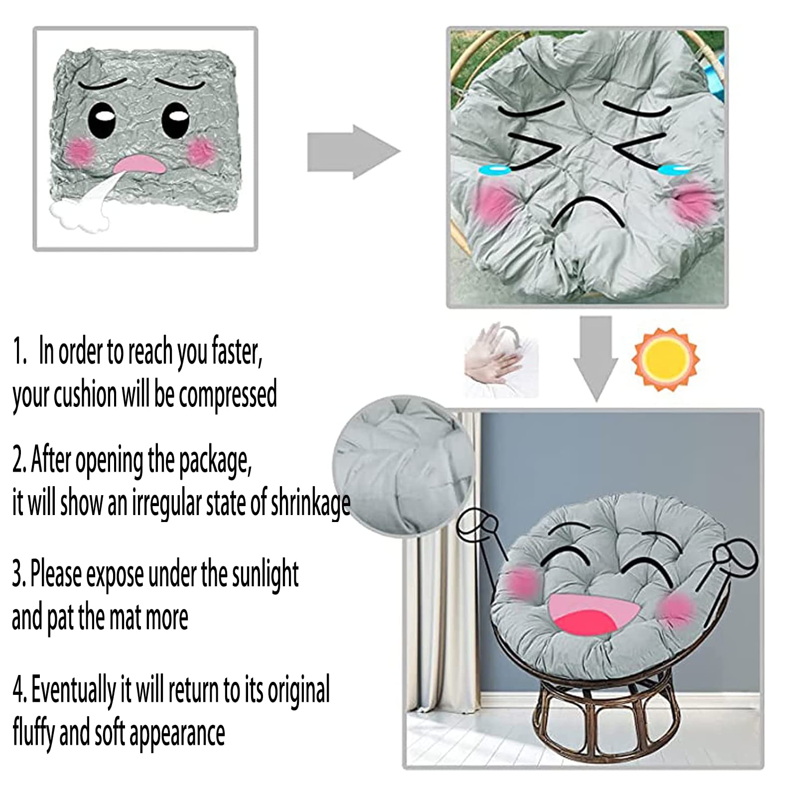 Premium Solid Papasan Patio Chair Cushion - Thick Overstuffed Outdoor Egg Seat Cushion for Hammock Swings - 65 Inch (165cm) Gray - Perfect for Indoor & Outdoor Relaxation in Gardens, Porches, and Balconies