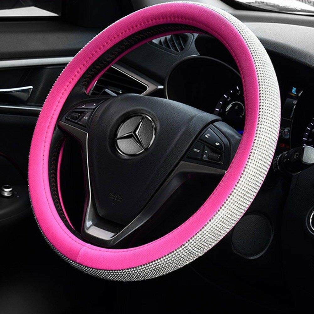 BLVD-LPF OBEY YOUR LUXURY Steering Wheel Cover - Universal Crystal Bling Ring for Auto Start Engine Ignition Button Key | Premium PU Leather Pink Car Accessory | Perfect for Women's Luxury Cars, Gifts & Custom Vehicle Upgrades