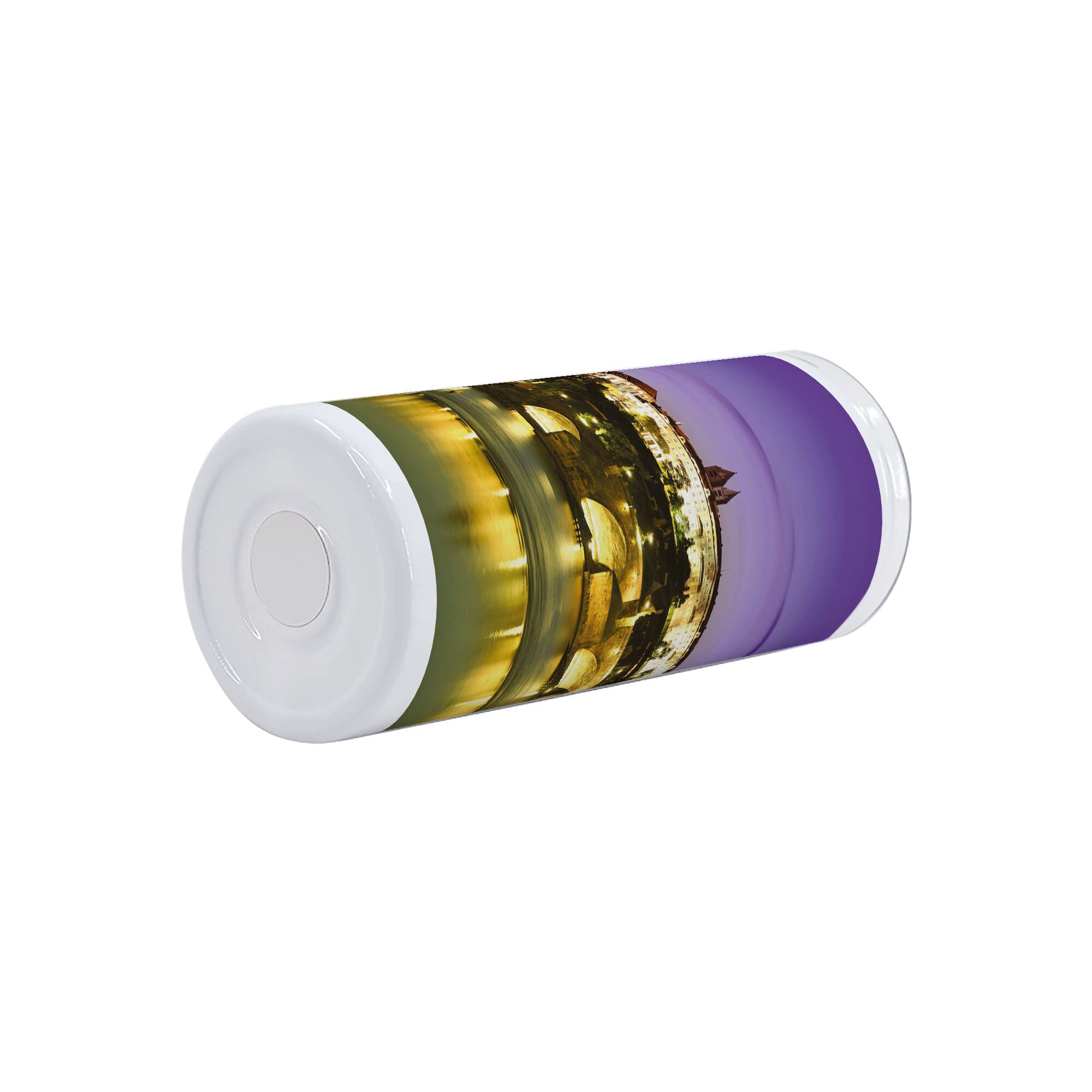 Ambesonne 12 Oz Skinny Tumbler with Charles Bridge Prague Design - Vacuum Insulated Stainless Steel Travel Mug - Leakproof for Coffee, Tea & Cold Drinks - Perfect for Travel, Office, Hiking & Picnics (Purple, Yellow, Brown)