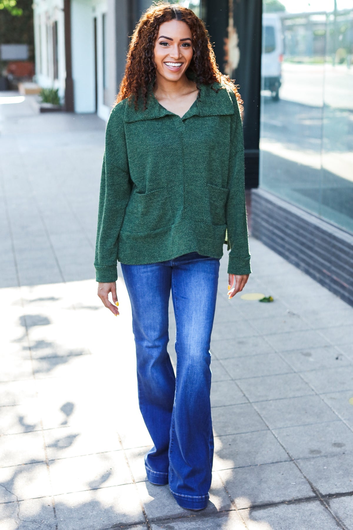 Easy Living Olive Textured Knit Notch Neck Oversized Collar Sweater - Cozy Oversized Women's Pullover for Fall & Winter | Perfect for Casual Outfits, Office Wear and Coffee Dates