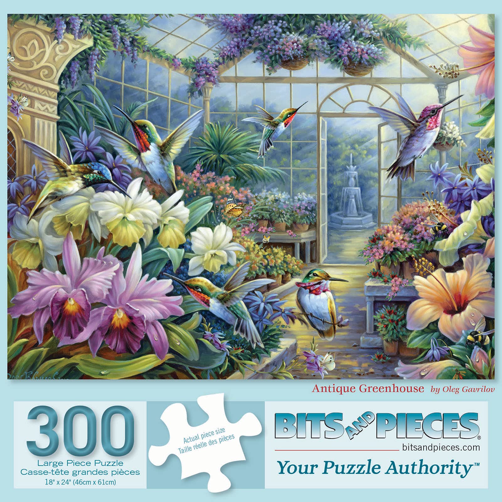 300 Piece Jigsaw Puzzle for Adults - Antique Greenhouse with Hummingbirds, Flowers & Butterflies by Oleg Gavrilov - 18x24 Inch Finished Size - Challenging Puzzle for Relaxation, Family Game Night & Home Decor