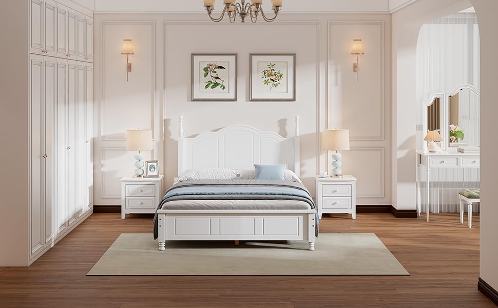 Harper & Bright Designs 3-Piece Full Bedroom Set - Wooden Full Size Platform Bed with 2 Nightstands - Retro Style Bedroom Furniture - Easy Assembly (White) - Perfect for Small Spaces & Guest Rooms