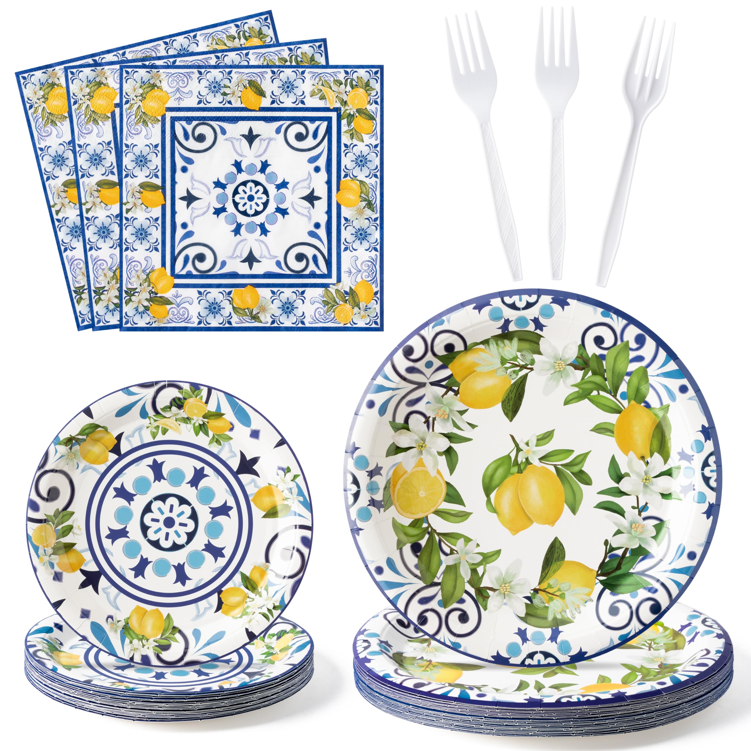 96-Pack Blue & Yellow Lemon Print Disposable Party Plates, Napkins & Forks - Tropical Citrus Theme Tableware for Kids Birthday, Baby Shower (Serves 24) | Summer BBQ, Pool Party & Outdoor Picnic Decorations