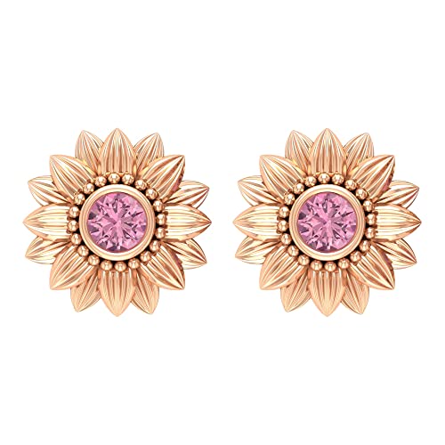 0.25 CT Pink Tourmaline Floral Stud Earrings for Women - 14K Solid Gold Bezel Set October Birthstone Jewelry - Elegant Gift for Anniversary, Birthday & Special Occasions