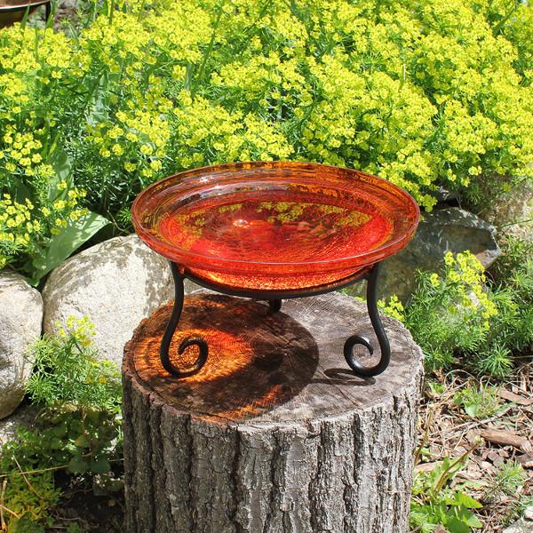 Handmade Mandarin Crackle Glass Birdbath Bowl - Outdoor Garden Decoration for Birds & Wildlife - Perfect for Patio, Yard & Backyard Bird Watching