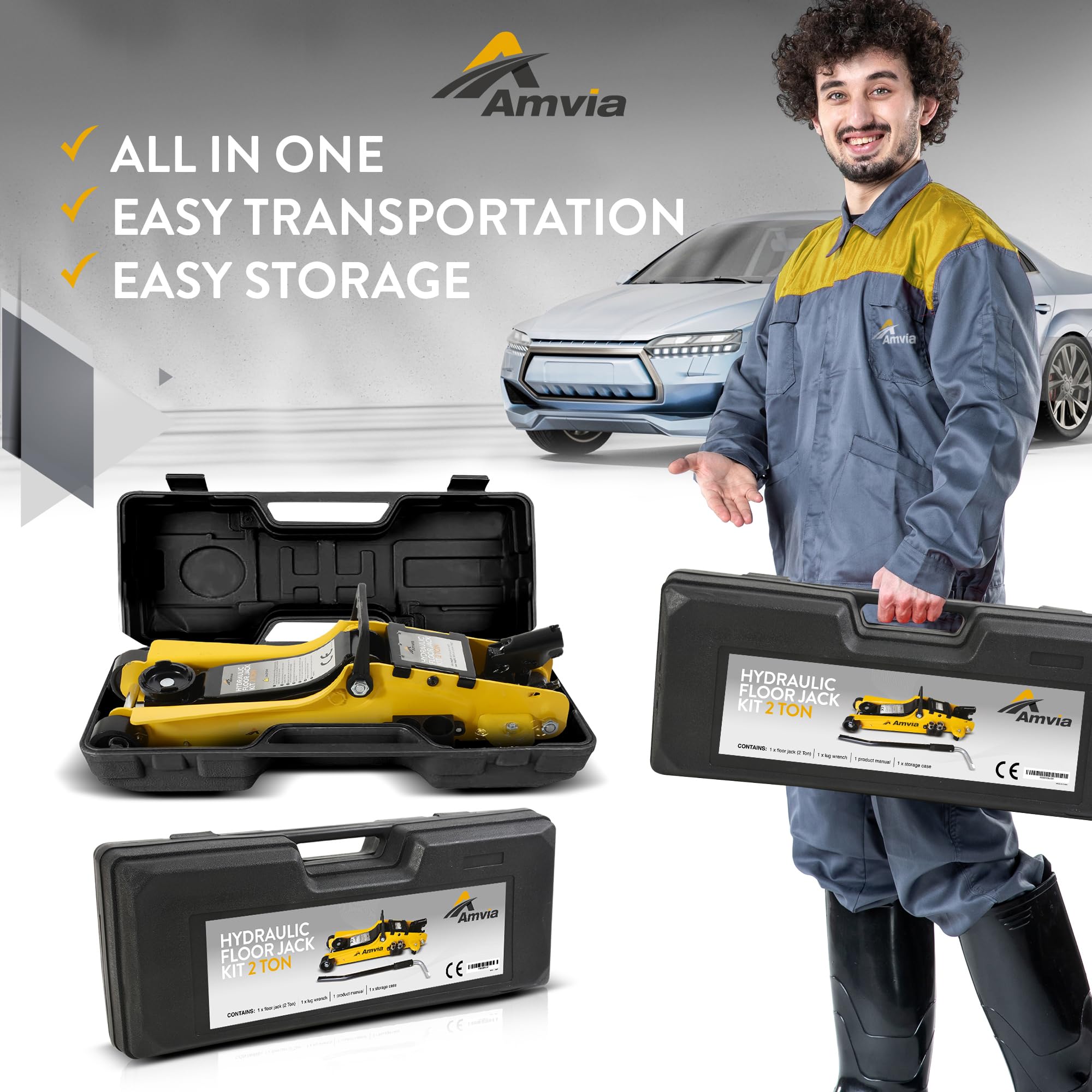 2 Ton (4,400 lbs) Hydraulic Low Profile Floor Jack Kit with Carrying Case - Portable Trolley Jack for SUV, Auto & Truck Repair - Includes Lug Wrench & Tools - Perfect for Garage, Roadside Emergencies & DIY Car Maintenance