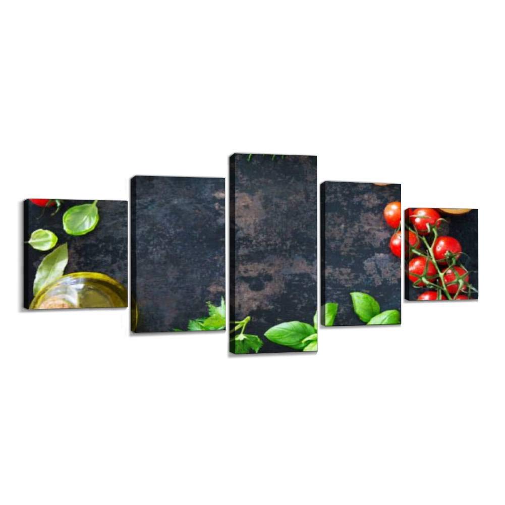 5 Panel Modern Abstract Canvas Wall Art - Olive Oil, Tomatoes, Garlic & Herbs on Dark Background - Stretched & Framed Ready to Hang (60''Wx32''H) - Perfect for Kitchen Decor, Dining Room Art & Farmhouse Style Home Decoration