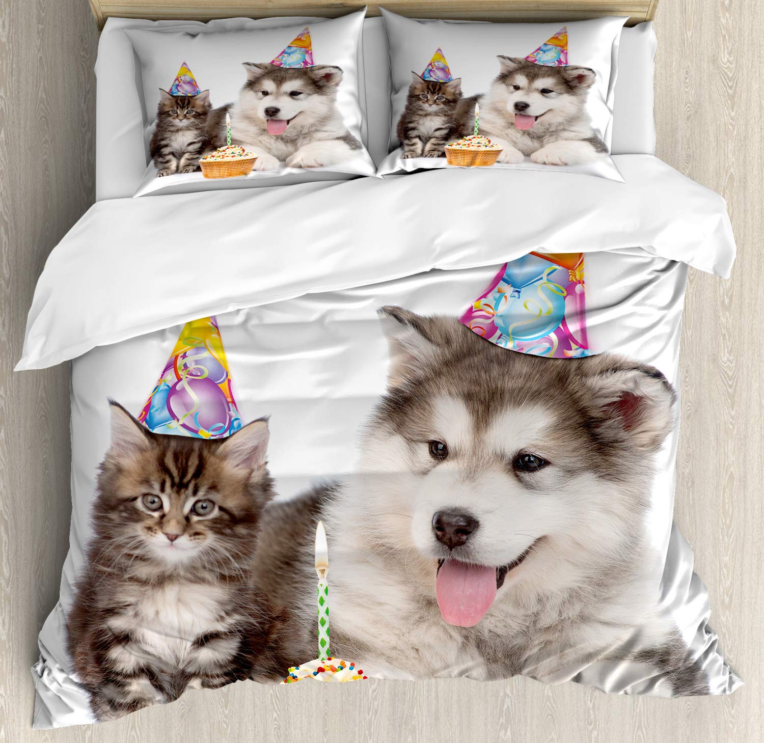 Ambesonne Birthday Duvet Cover Set - Dog & Cat Pet Themed with Party Hats & Cupcakes, 3-Piece California King Bedding Set with 2 Pillow Shams in White & Brown | Perfect for Pet Lovers' Birthday Decor & Cozy Bedroom Upgrade