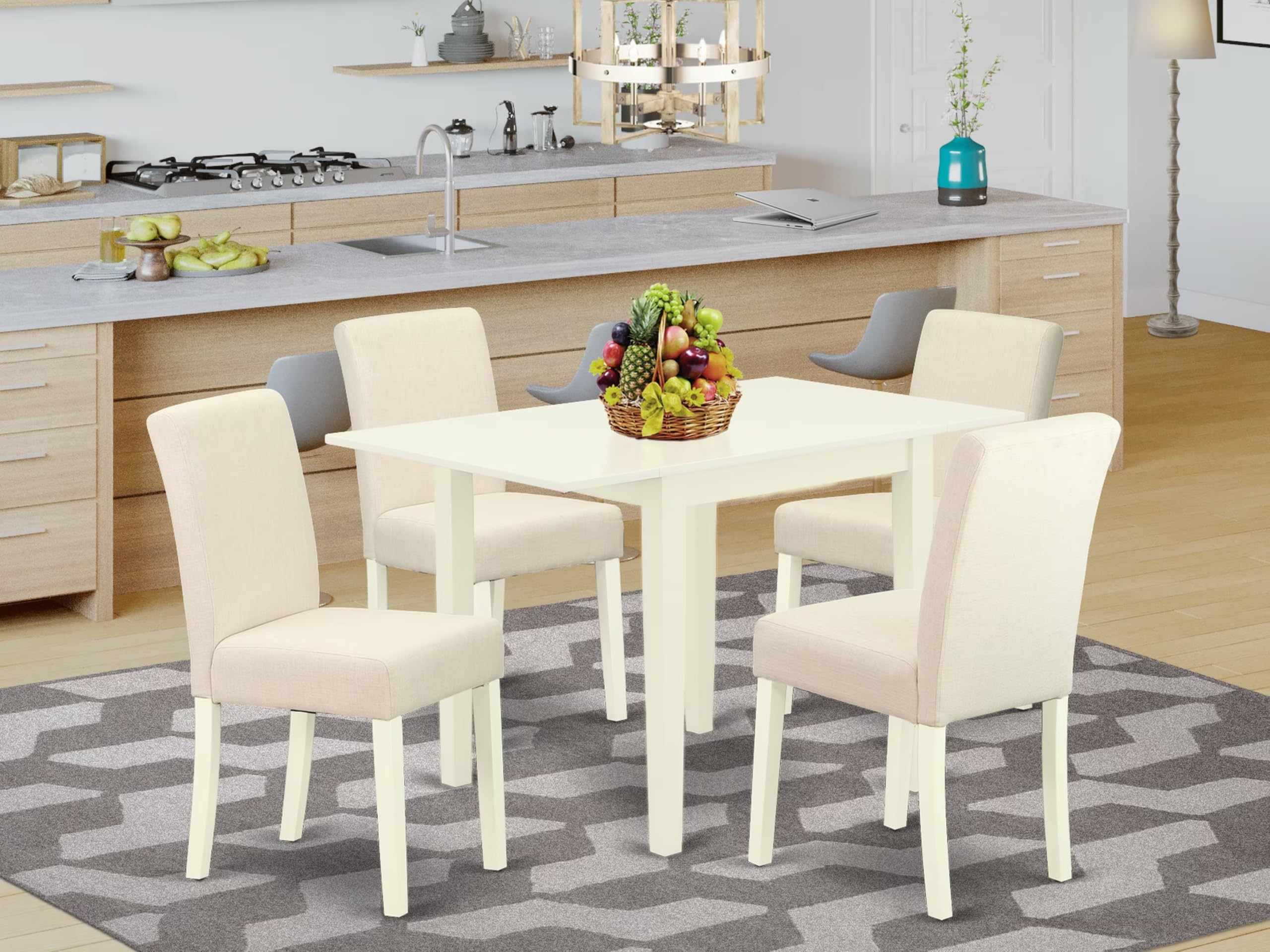East West Furniture 5-Piece Modern Dining Room Set with Drop-Leaf Table & 4 Upholstered Chairs - 30x48 Inch, Linen White - Perfect for Small Spaces & Apartment Dining
