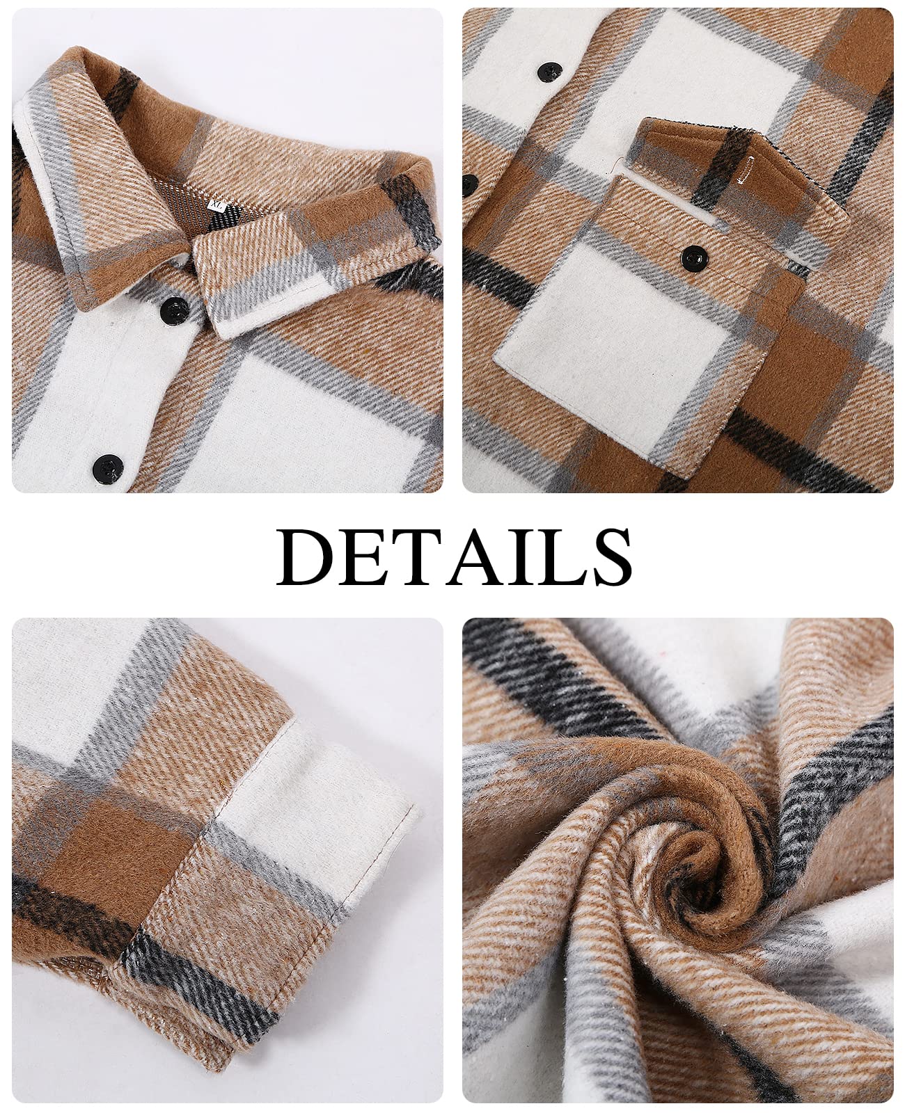 VeMee Women's Casual Wool Blend Plaid Brushed Pocketed Down Lapel Shirt Jacket - Loose Fit Button Coat for Winter, Spring & Fall - Perfect for Office, Travel and Outdoor Activities