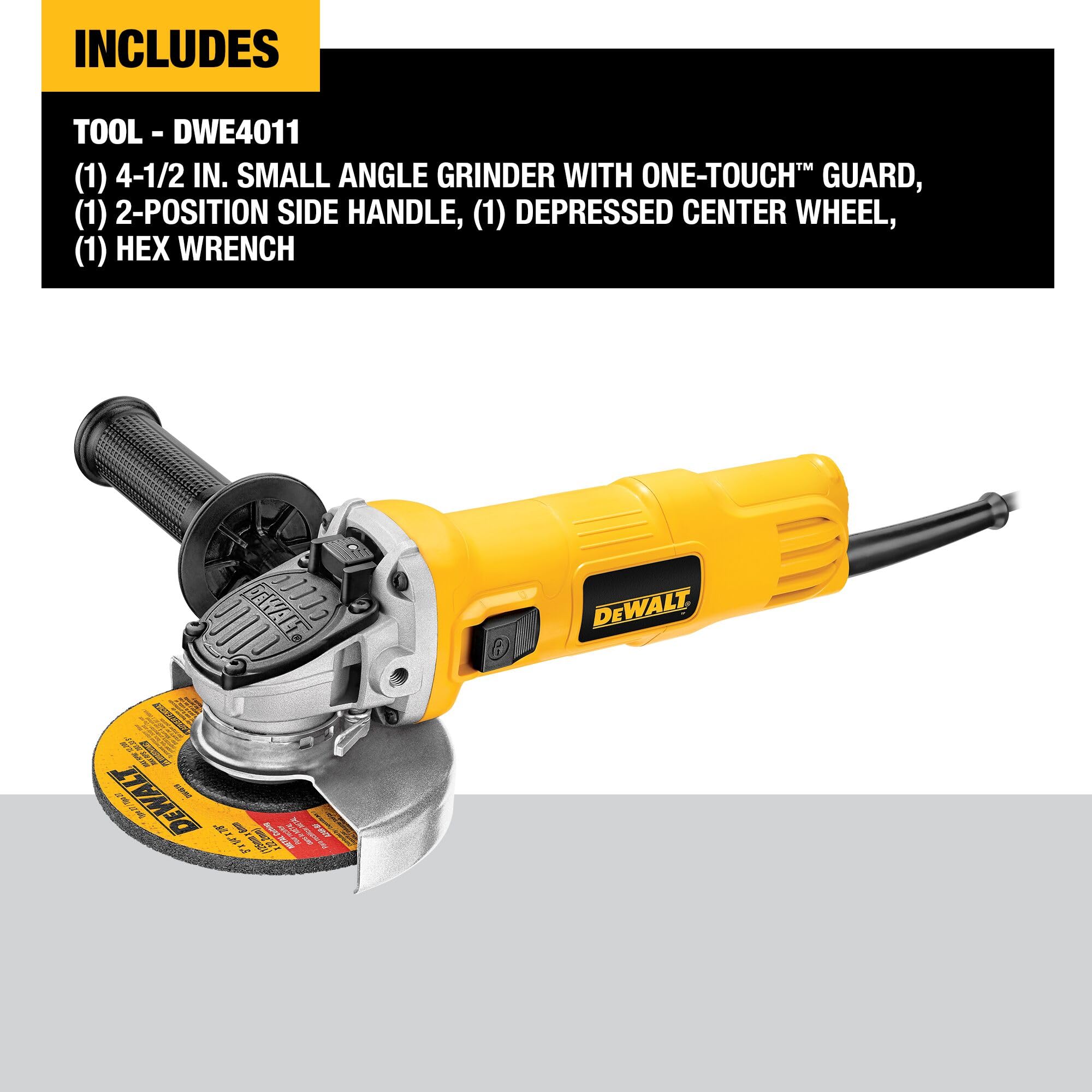 DEWALT DWE4011 4-1/2-Inch Angle Grinder with One-Touch Guard - Heavy Duty Metal Cutting, Grinding & Polishing Tool for Construction and DIY Projects