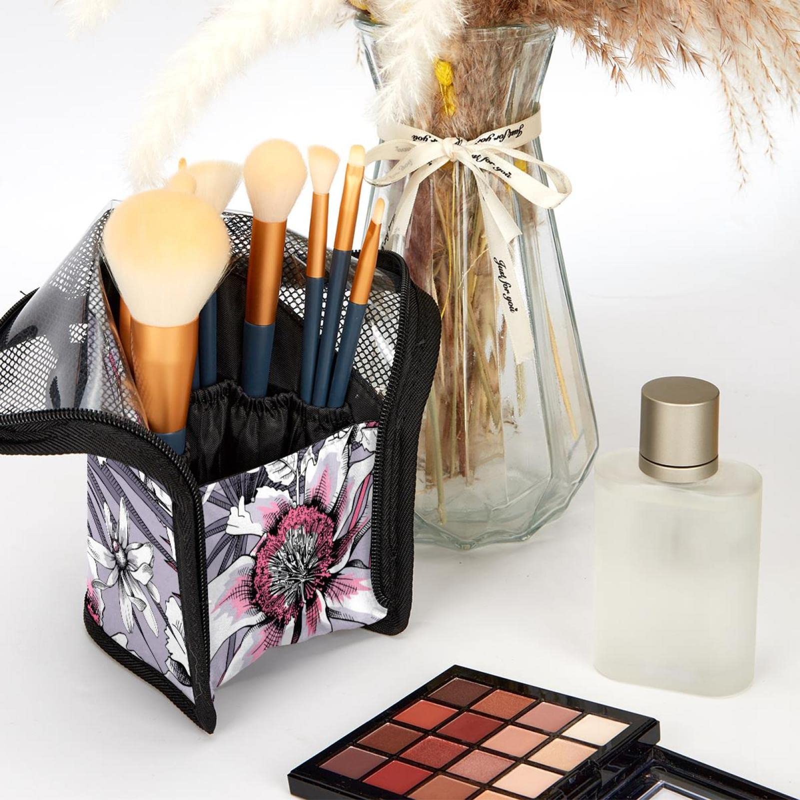 12-Piece Makeup Brush Organizer Bag with Oil Painting Floral Design - Portable Cosmetic Brush Holder Case for Travel, Home & Professional Makeup Artists