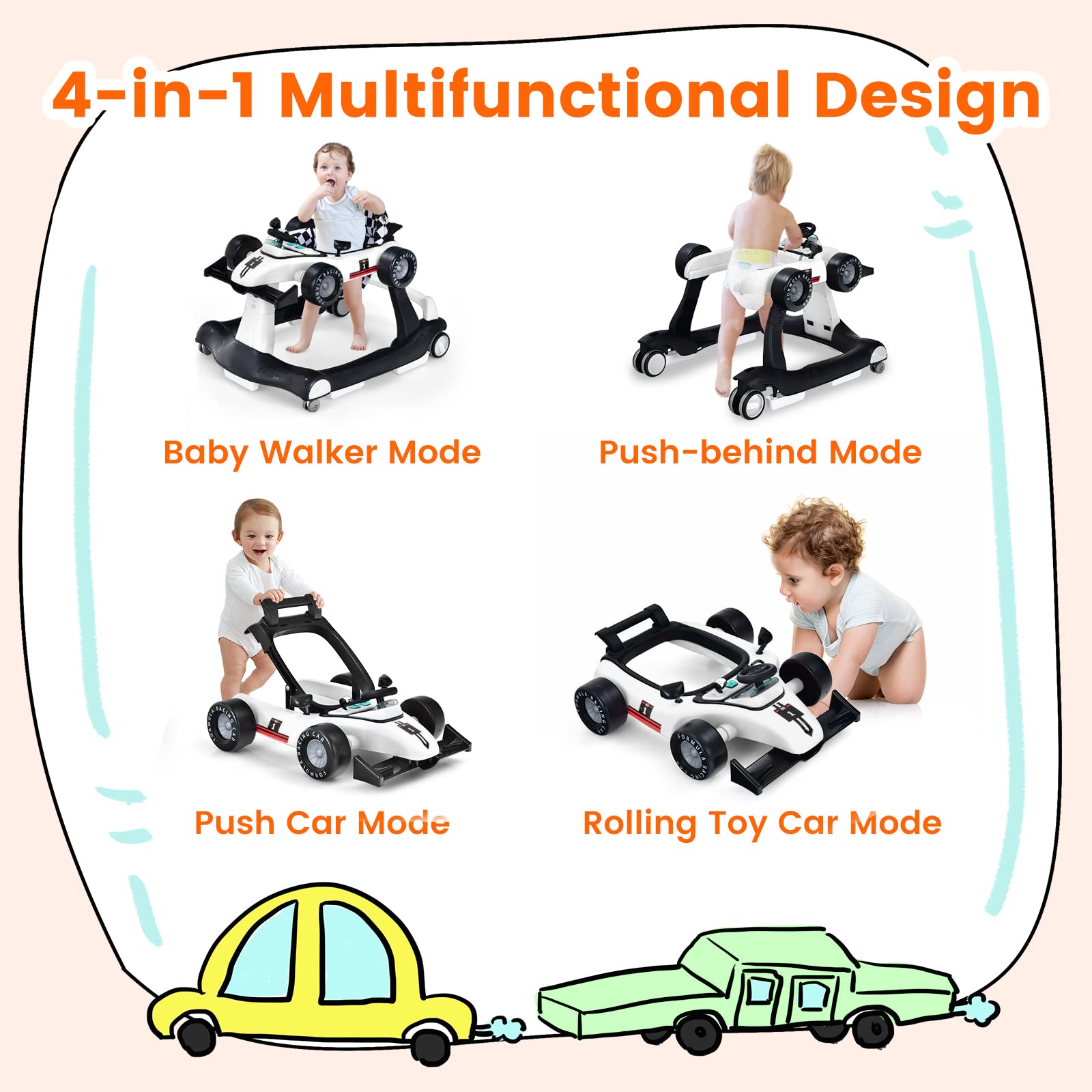 HONEY JOY 4-in-1 Baby Walker & Activity Push Walker with 3 Adjustable Heights, Smooth Wheels, Speed Control, Padded Seat, Music & Lights - Foldable Infant Walker for Boys & Girls 6-24 Months (White) - Perfect for Learning to Walk, Playtime & Indoor Activities