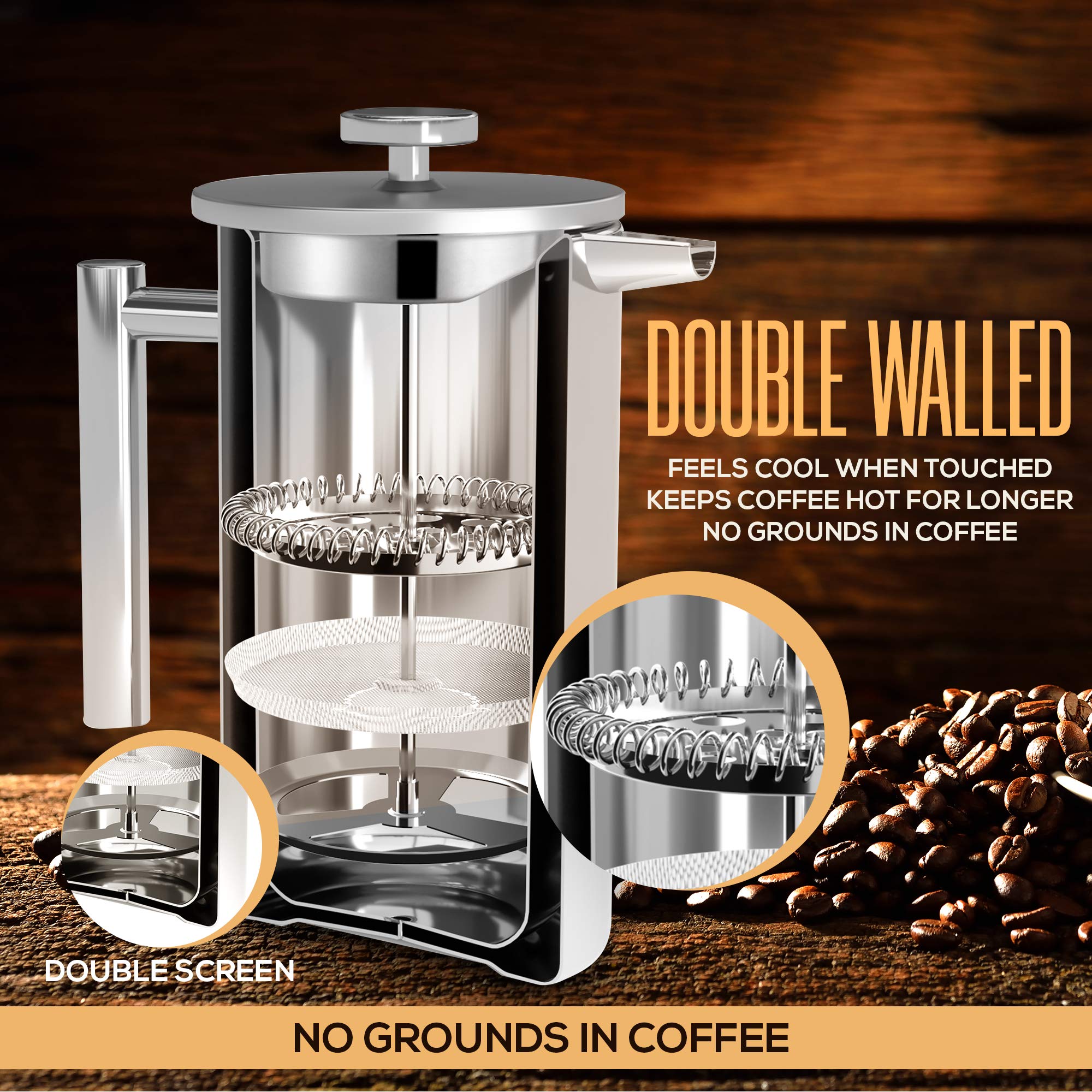 KICHLY 34oz Stainless Steel French Press Coffee Maker - Double Wall Insulated Coffee & Tea Maker with Stainless Steel Plunger - Keeps Hot for Hours - Perfect for Home, Office & Camping (Silver)